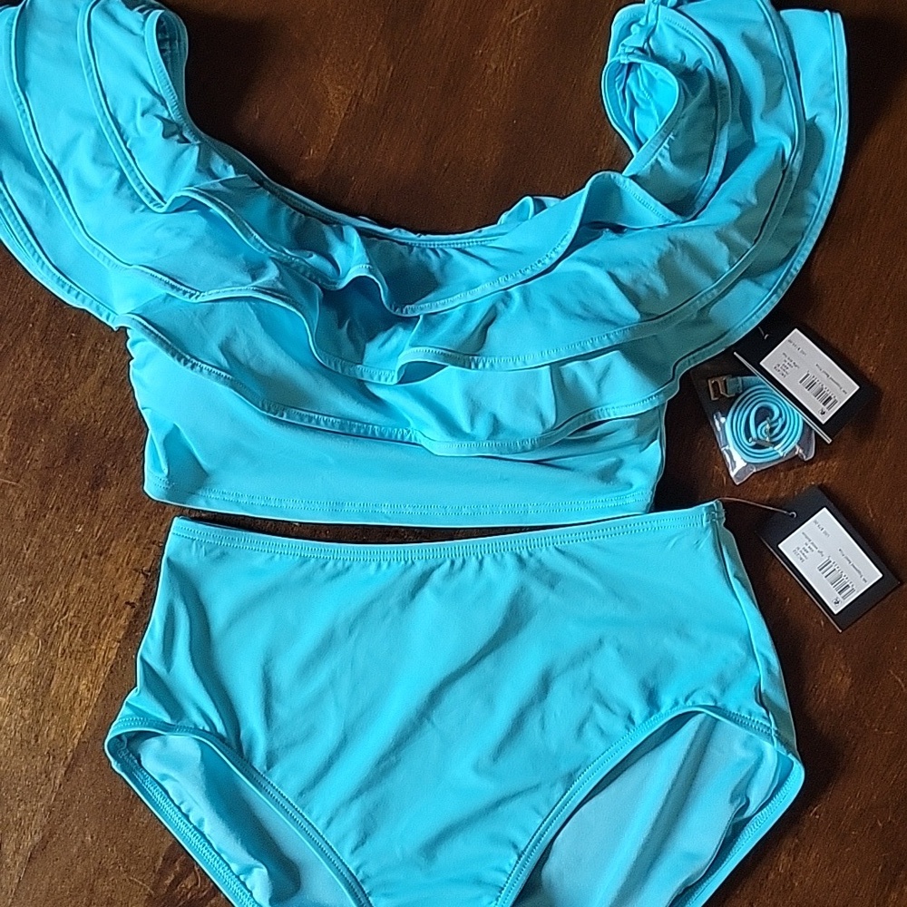 NWT Kate Spade Ruffle River Blue Off Shoulder Wireless Ruffle Bikini Set - Picture 5 of 5